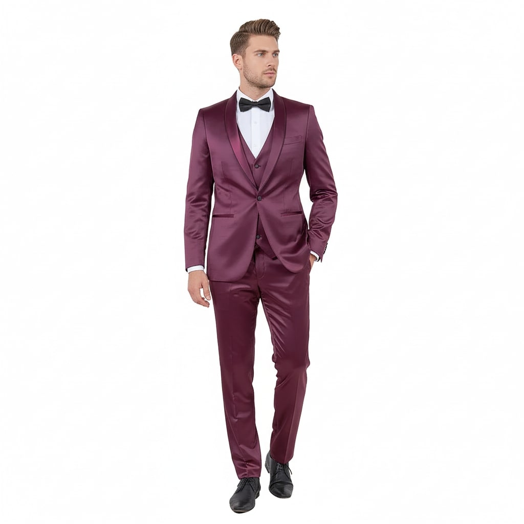 Mens Sateen Shiny Burgundy Slim Fit Tuxedo – Satin Shawl Lapel 3-Piece Suit