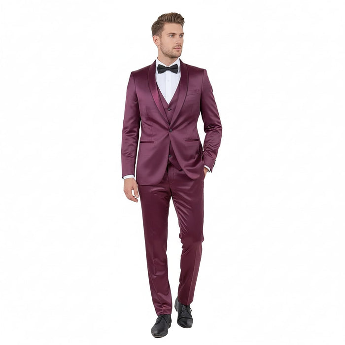 Mens Sateen Shiny Burgundy Slim Fit Tuxedo - Satin Shawl Lapel 3-Piece Suit by USA Men's Outlet
