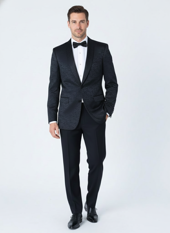 Men’s Black Textured Paisley floral Tuxedo Suit - Premium Slim Fit Formal Wedding, Prom, with Bowtie by USA Men's Outlet