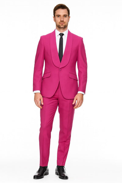 Mens Hot Pink Tuxedo Dinner Jacket + Pants with Shawl Lapel – Slim Fit 2-Piece Suit for Weddings, Proms Suit in Fuchsia Colors