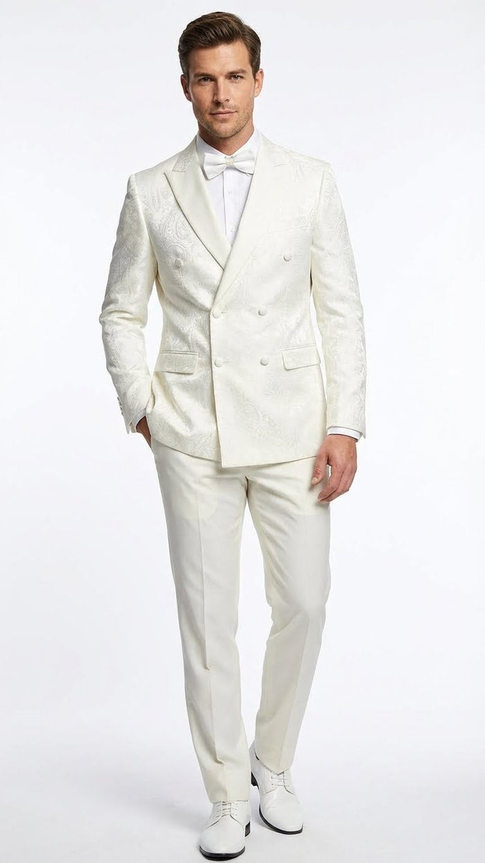 Men’s Ivory Double Breasted Tuxedo Dinner Jacket - Textured Blazer Paisley Texture Pattern in Off White Cream Color + Bowtie by USA Men's Outlet