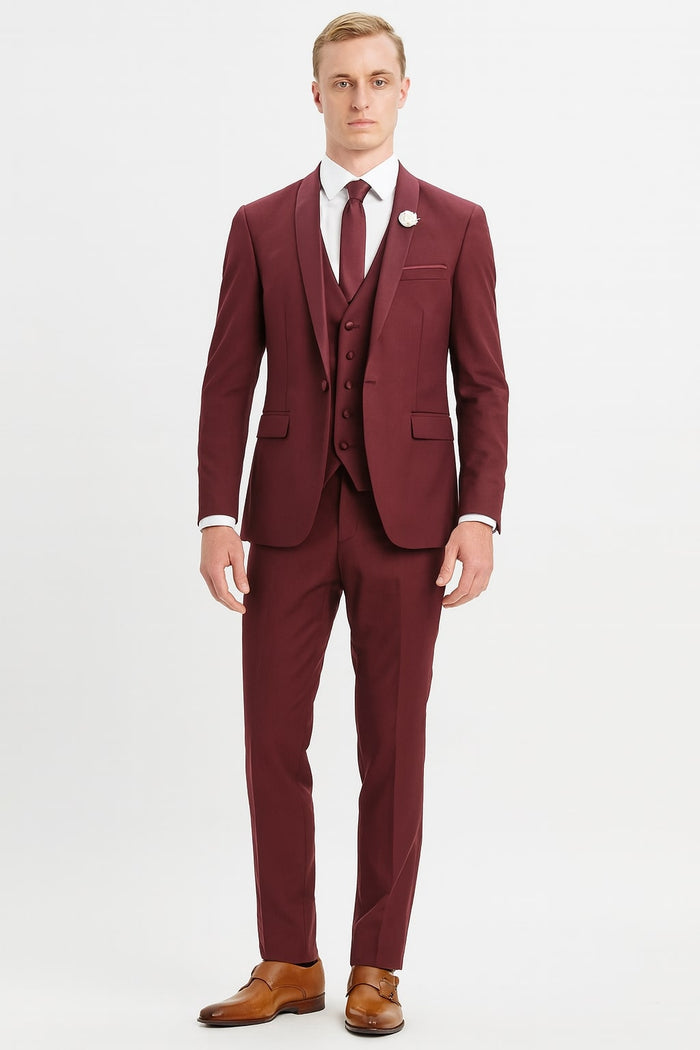 Mens 3-Piece Burgundy Slim Fit Suit with Vest - Wedding, Prom and Formal Wear by USA Men's Outlet