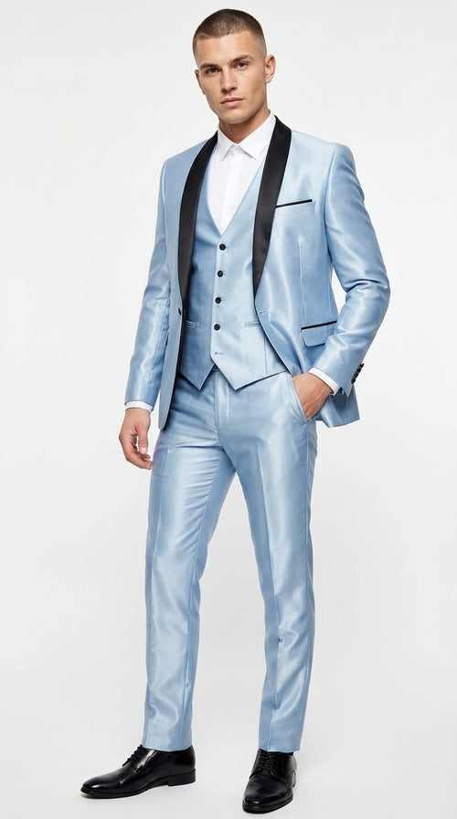 Men’s Light Blue Shiny 3 Piece Suit with Black Shawl Lapel | Formal Wedding Prom Suit - Sateen Sharskin Suit