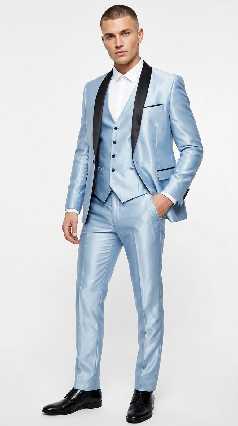 Men’s Light Blue Shiny 3 Piece Suit with Black Shawl Lapel | Formal Wedding Prom Suit - Sateen Sharskin Suit