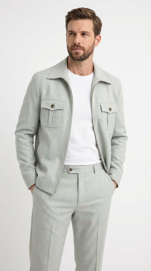 Mens Sage Green Walking Suit Set – Casual Safari Military Jacket and Pants Outfit for Travel