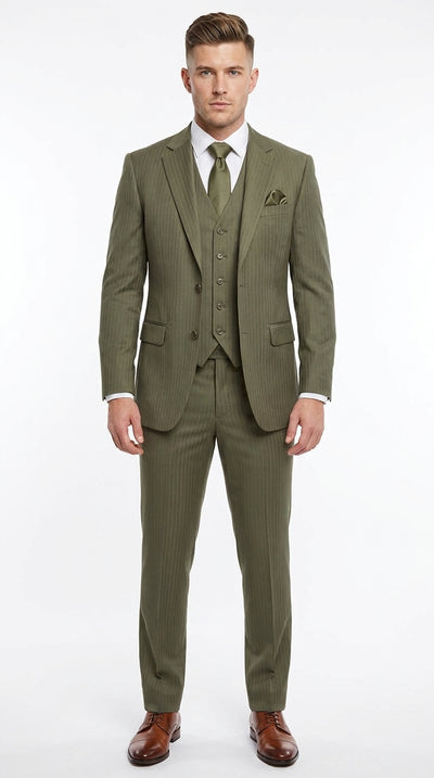 Men’s Olive Green Tone-on-Tone Shadow Pinstripe  3 Piece Suit – Modern Formal Suit with Vest Shadow Stripe