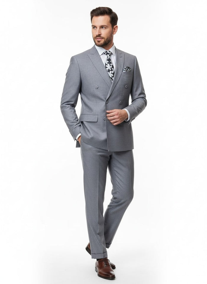 Mens Grey Tone on Tone Double-Breasted Suit - Classic Slim Fit 2 Piece Formal Business Gray Shadow Stripe by USA Men's Outlet