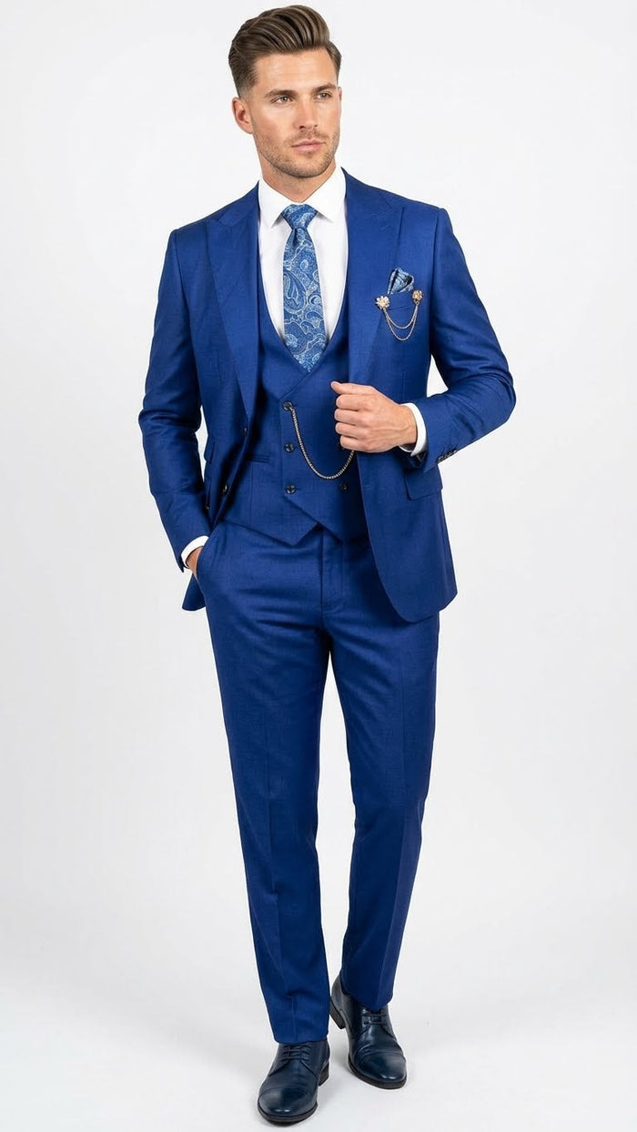 Men’s Royal Blue 3 Piece Suit Set with Vest - Formal Wedding and Party Wear Suit - Saphire Cobalt blue by USA Men's Outlet