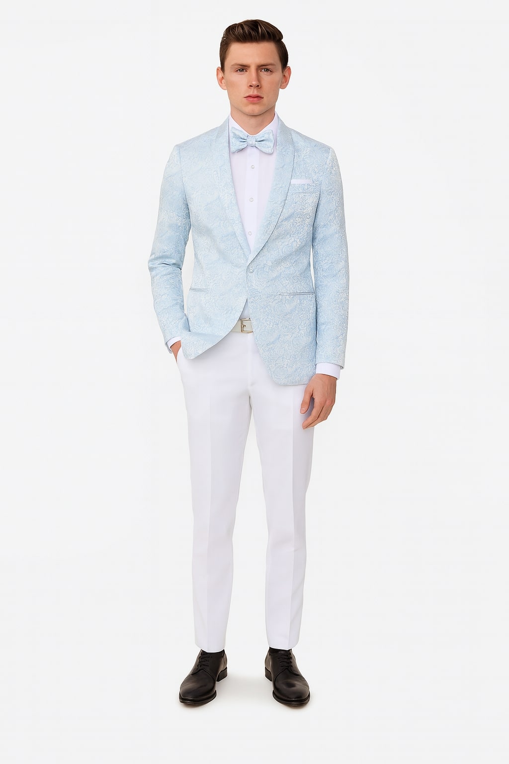 Mens Light Blue Paisley Tuxedo Jacket with Matching Bow Tie – Slim Fit Blazer for Weddings, Prom, and Formal Events