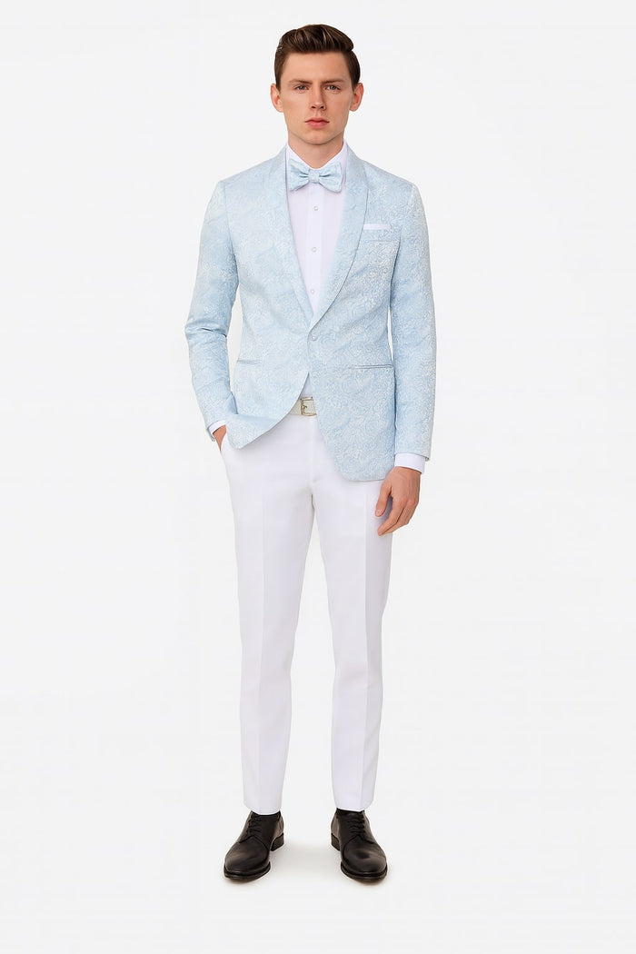 Mens Light Blue Paisley Tuxedo Jacket with Matching Bow Tie - Slim Fit Blazer for Weddings, Prom, and Formal Events by USA Men's Outlet