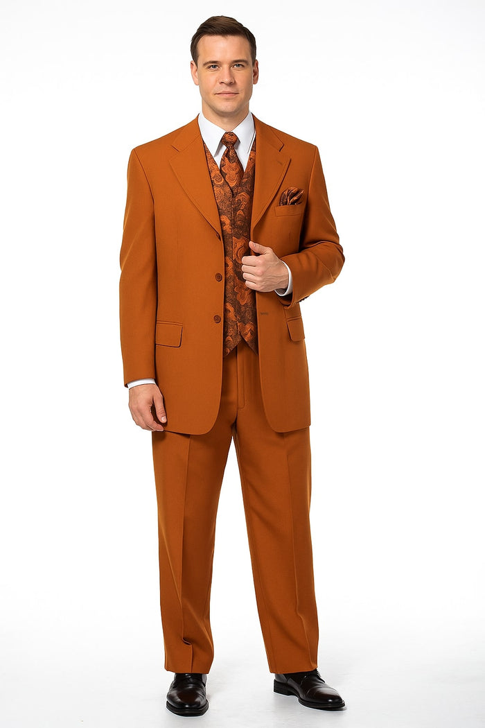 Mens Rust 3-Piece Fashion Suit - Notch Lapel with Paisley Vest, Tie and Pocket Square - Zoot Suit by USA Men's Outlet