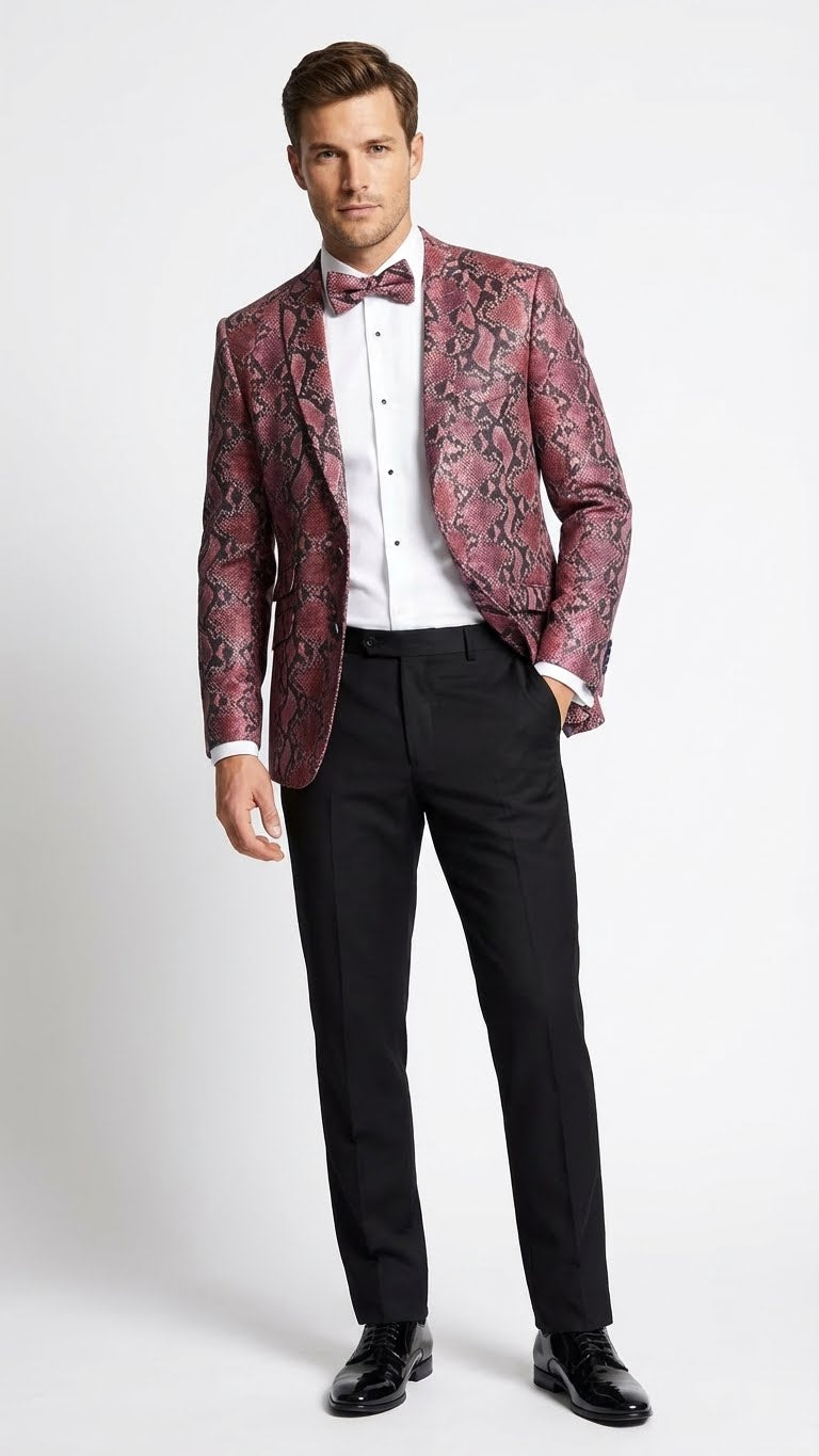 Men’s Burgundy and Black Snakeskin Print Blazer – Alligator Crocodile Sport Jacket Exotic Skin – SuitUSA