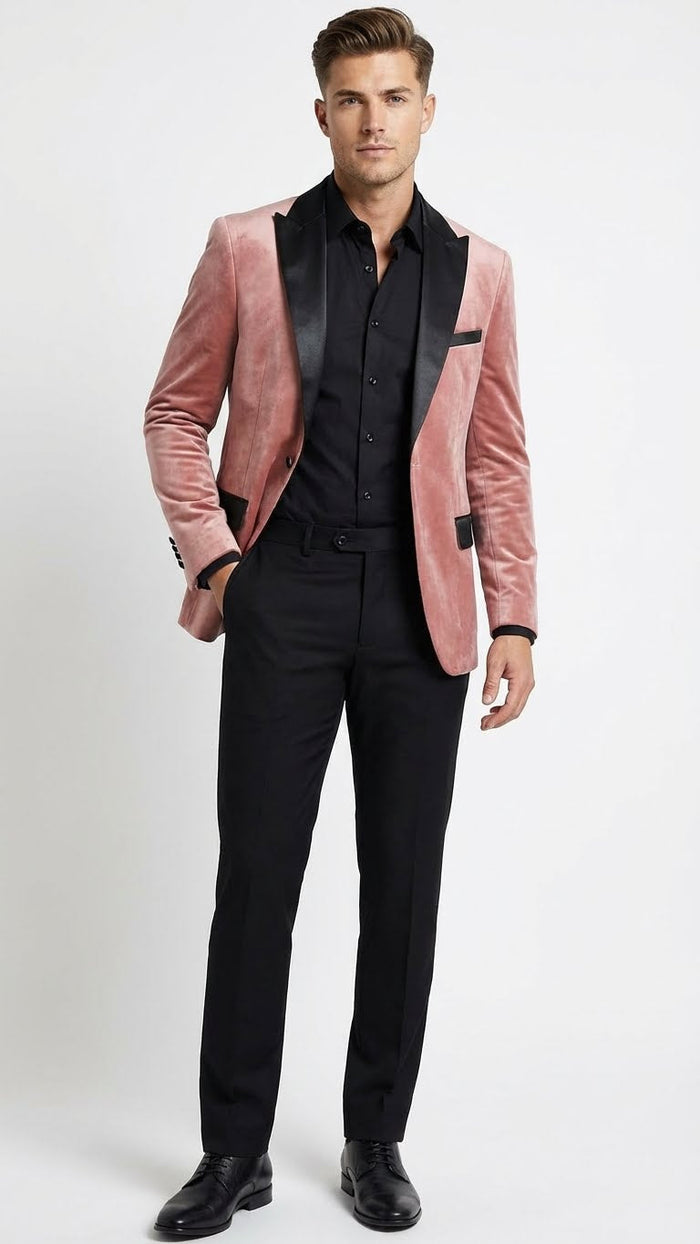 Men’s Dusty Rose Pink Velvet Blazer with Black Satin Lapel - Formal Sport Coat in Mauve Color + Bowtie USA Men's Outlet