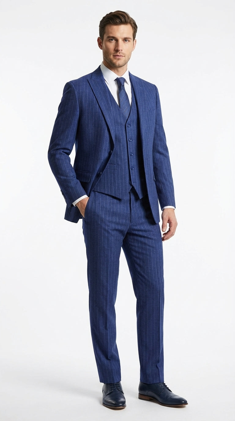 Men’s Cobalt Blue 3 Piece Suit – Indigo Light Blue Pinstripe Formal Suit with Vest for Wedding, Business Modern Fit Two buttons – SuitUSA