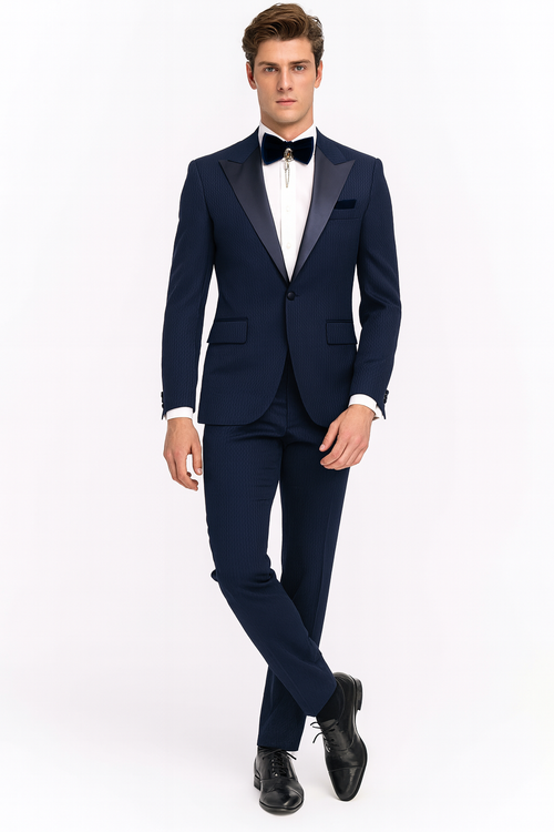Men’s Navy Blue Tuxedo with Satin Peak Lapel With Matching Color Lapel Sateen - Formal 2 Piece Suits by USA Men's Outlet