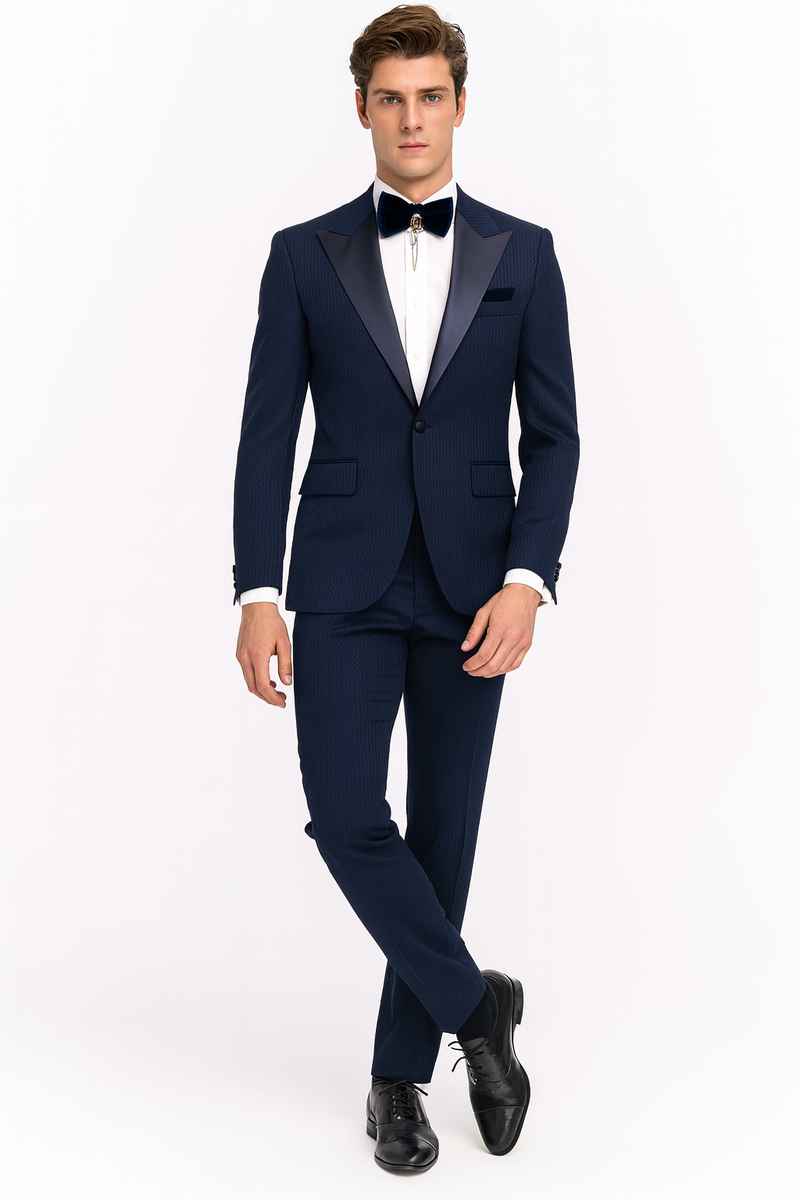 Men’s Navy Blue Tuxedo with Satin Peak Lapel With Matching Color Lapel Sateen – Formal 2 Piece Suits