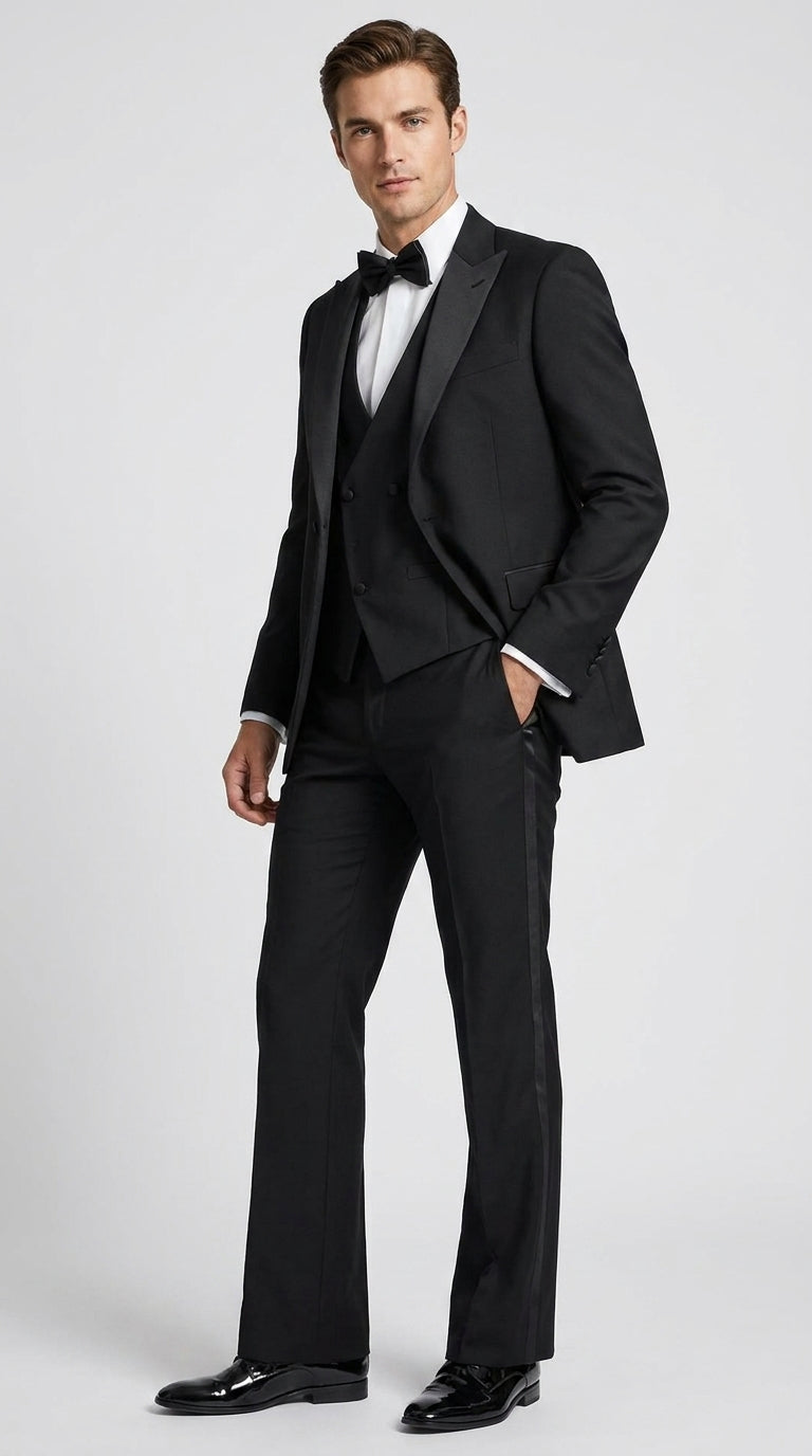 Men’s Black Boot Cut 3-Piece Tuxedo Suit – Peak Lapel Wedding, Prom and Formal Suit 1970s Style – SuitUSA