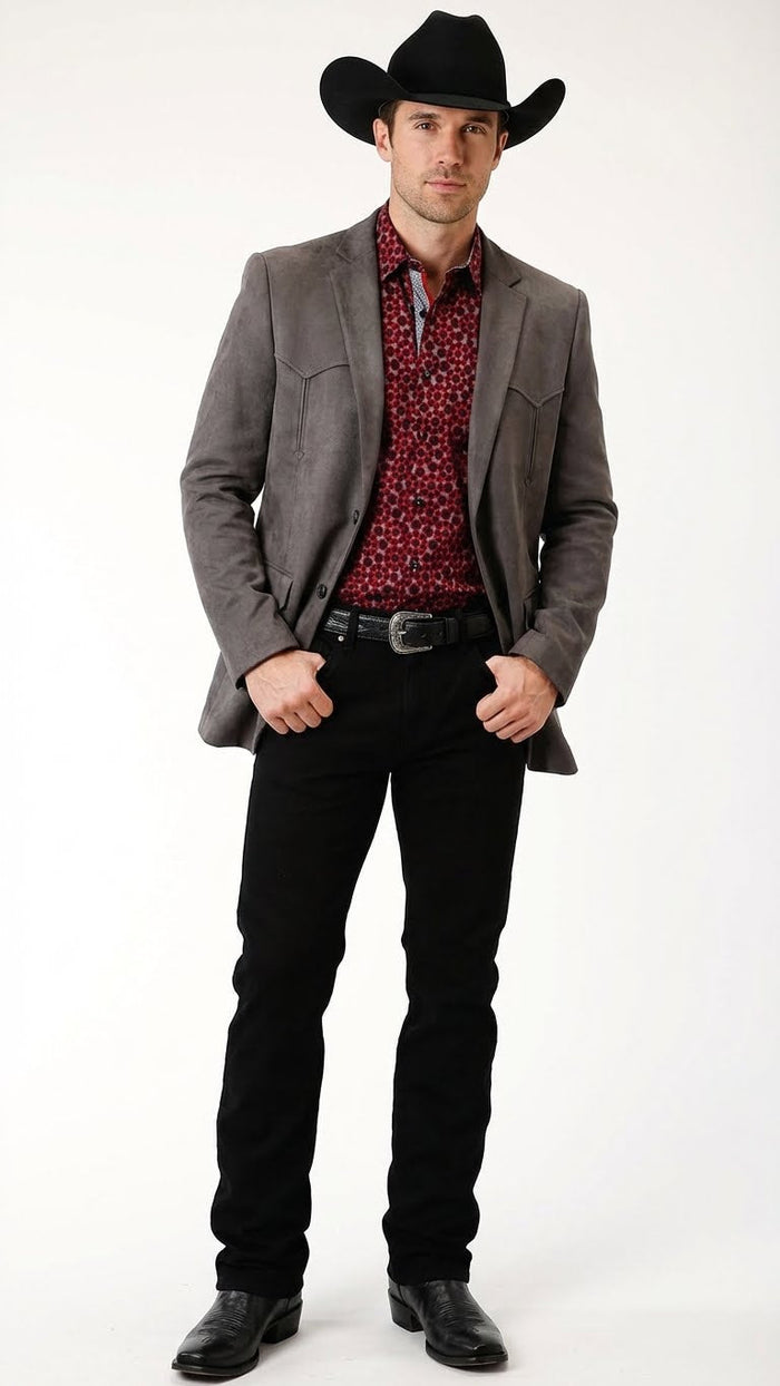 Men’s Charcoal Gray Western Faux Suede Blazer - Double Button Cowboy Jacket for Wedding & Party Wear by USA Men's Outlet