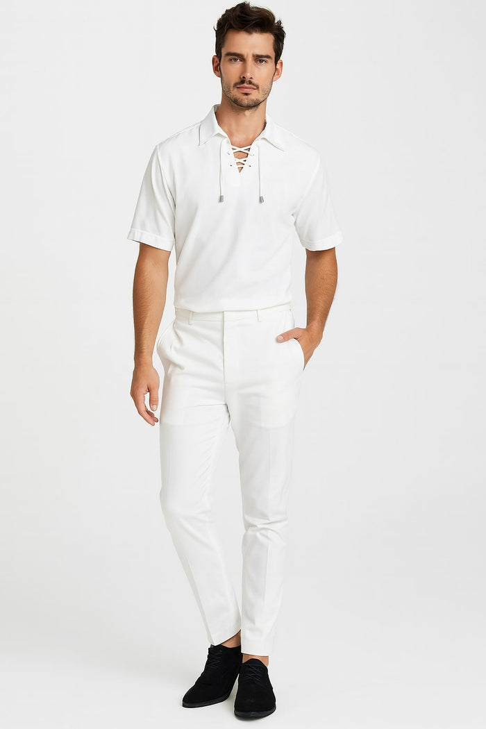 Men’s White Lace-Up Renaissance Shirt - Linen Fabric Short Sleeve Casual Pirate Peasant Top by USA Men's Outlet
