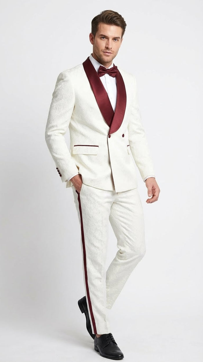 Men’s Ivory and Burgundy Jacquard Tuxedo Suit - Luxury Slim Fit 3-Piece Formal Wedding, Prom, and Gala Outfit in Cream Off White Color USA Men's Outlet
