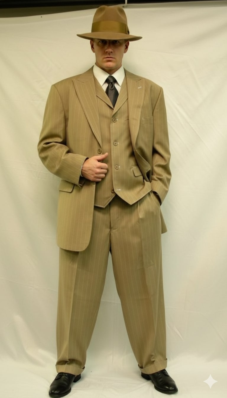 Mens Tan Pinstripe Three Button Suit – 1920s Gangster Vintage 3-Piece Suit with Wide-Leg Pants and Fedora Style in Beige Color – SuitUSA