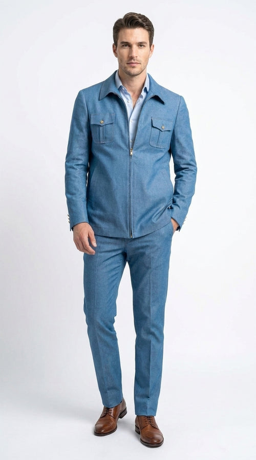 Men’s Light Blue Walking Suit – 2 Piece Casual Leisure Set with Zip Front Jacket Denim Style