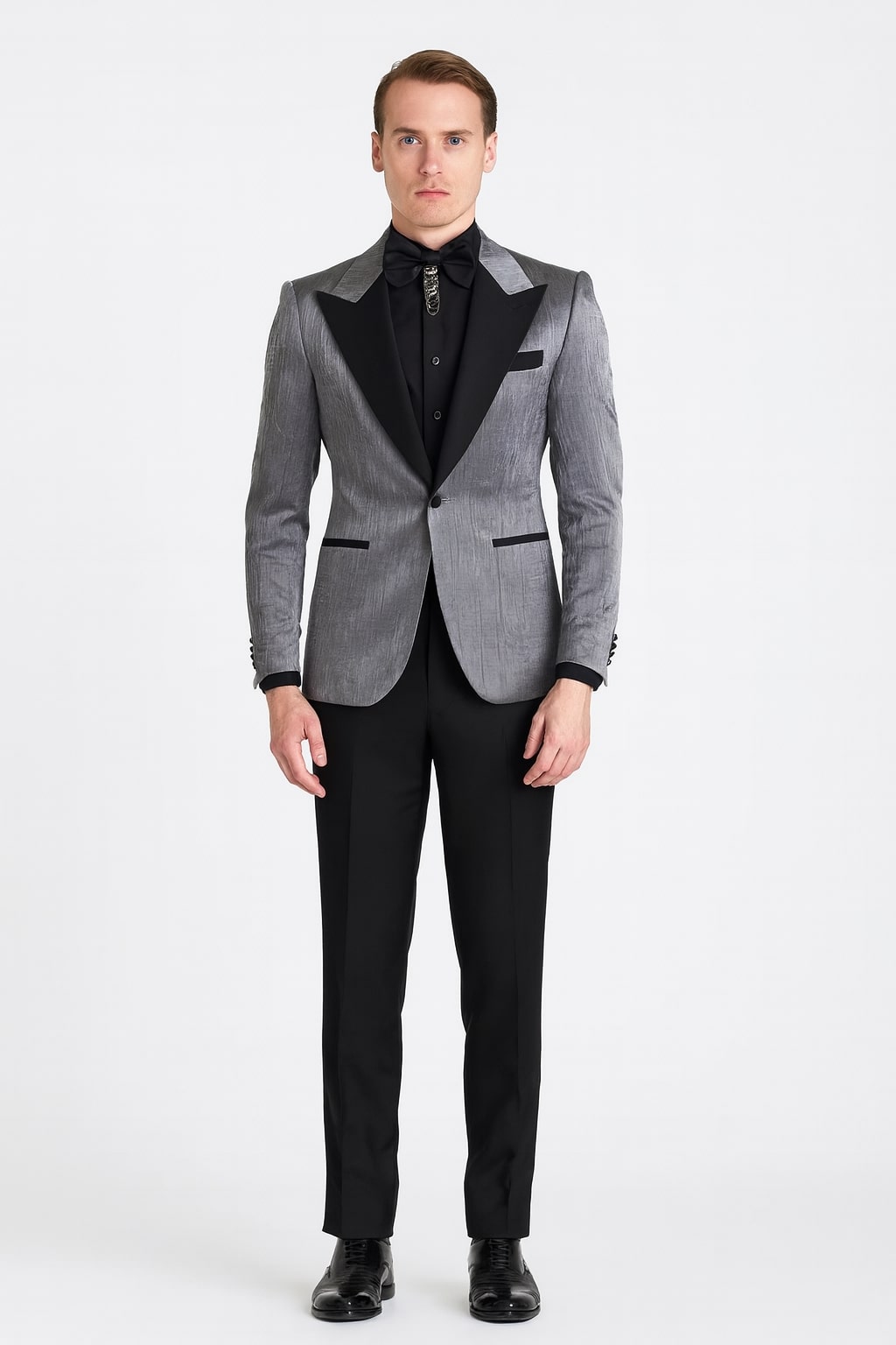 Silver Metallic Tuxedo Suit with Black Satin Peak Lapel – Mens Slim Fit Formal Wedding and Prom Attire in Charcoal Grey With Pants – SuitUSA