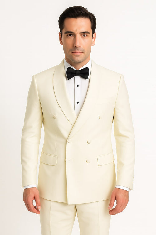 Mens Off-White Double Breasted Tuxedo Jacket with Shawl Lapel | Formal Wedding Suit in Ivory Cream Color