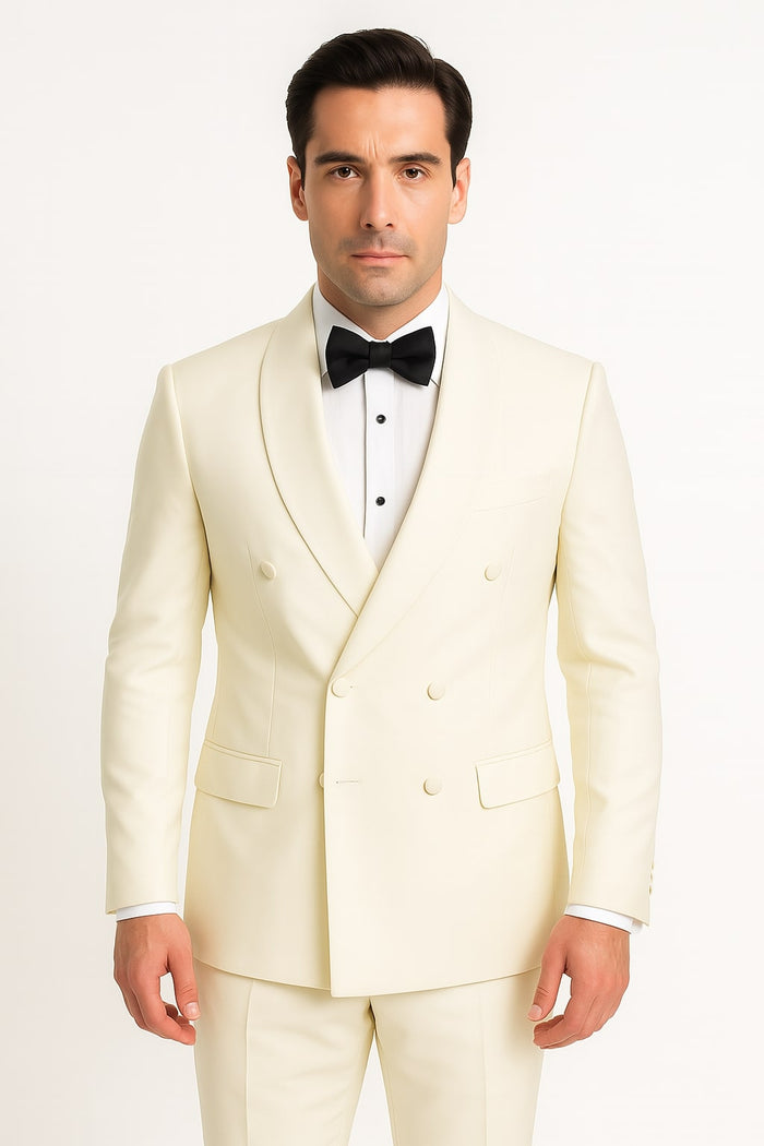 Mens Off-White Double Breasted Tuxedo Jacket with Shawl Lapel - Formal Wedding Suit in Ivory Cream Color by USA Men's Outlet