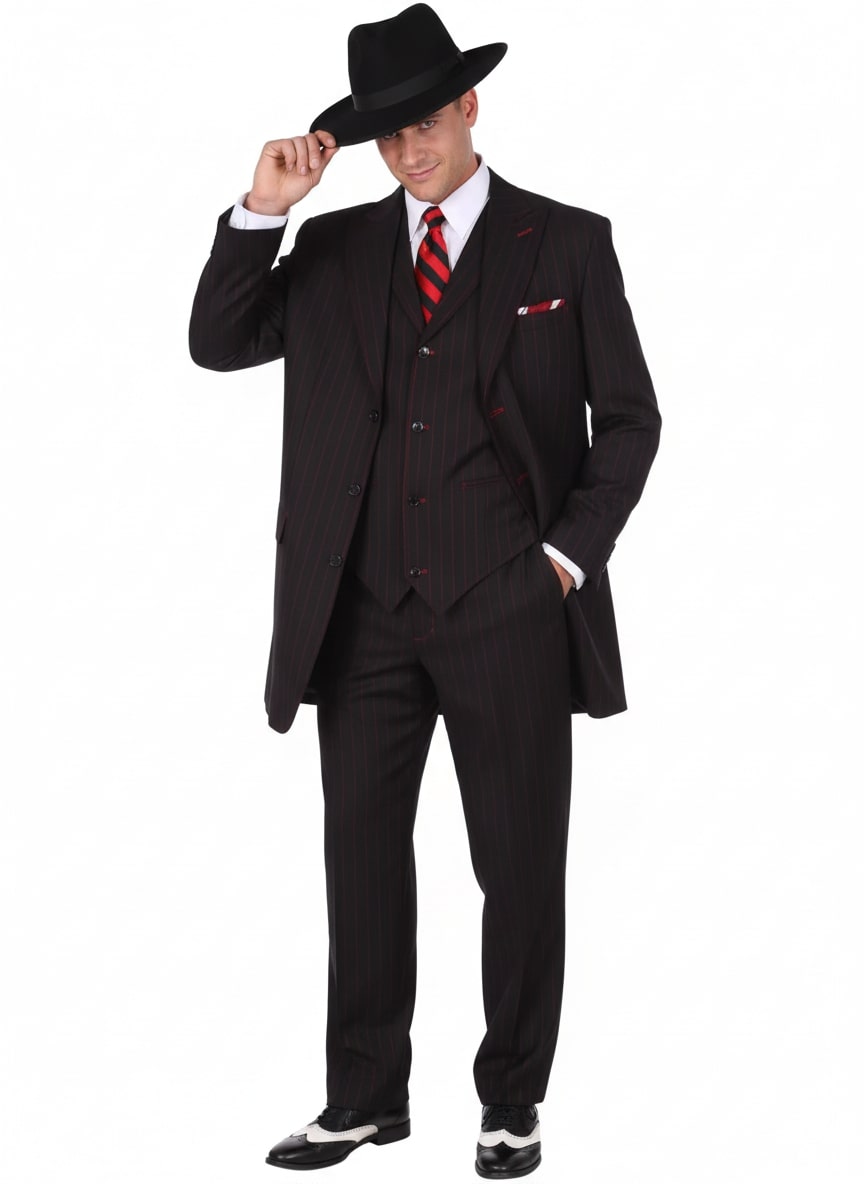 Mens Black and Red Pinstripe Zoot Suit – 1920s Gangster Vintage 3-Piece Suit for Formal, Prom, and Themed Events – SuitUSA