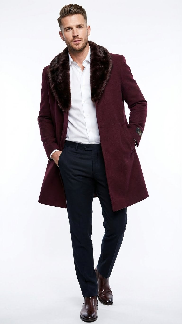 Men’s Burgundy Three Quarter Coat with Faux Fur Collar Overcoat - Luxury Winter Outerwear Three Quarter Carcoat Topcoat by USA Men's Outlet – SuitUSA