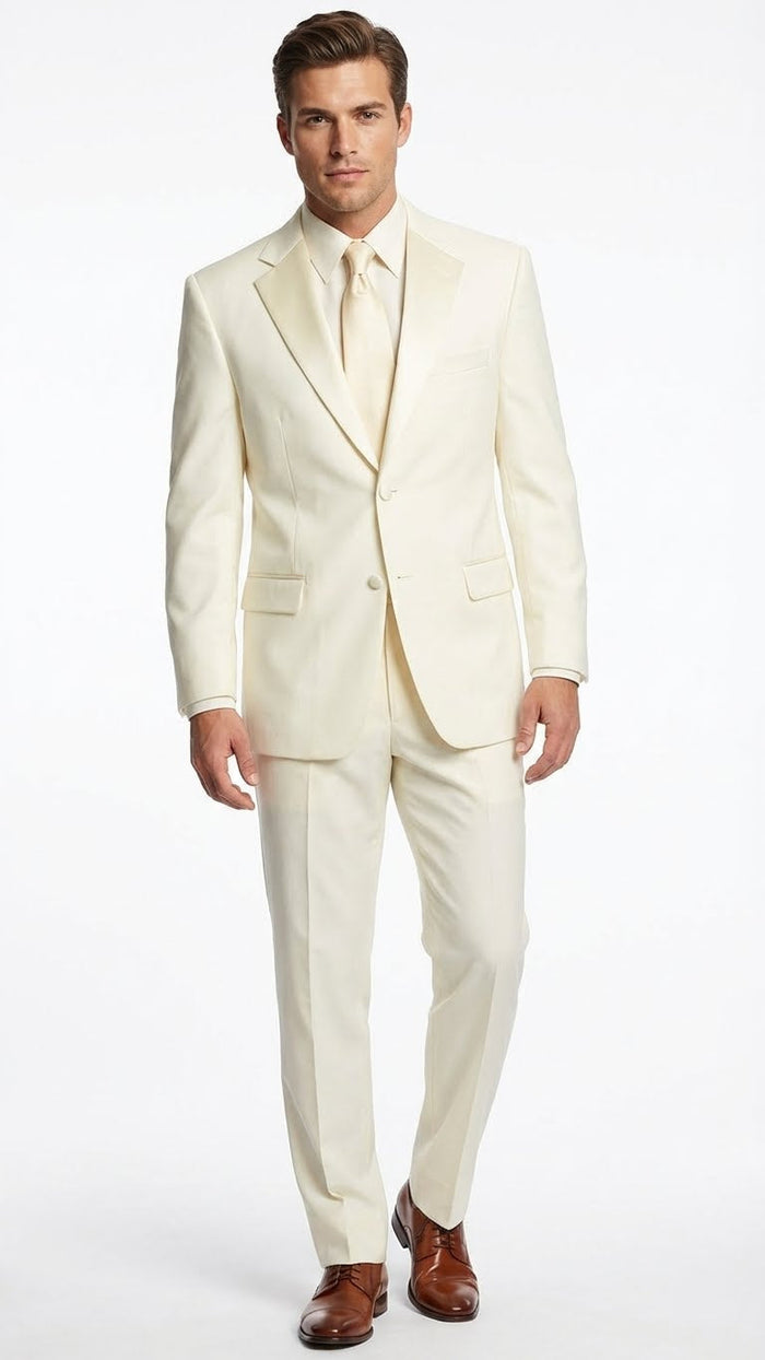 Men’s Ivory Tuxedo Suit with Satin Notch Lapel - Formal Wedding and Evening Wear Suit in Cream Off White Color by USA Men's Outlet