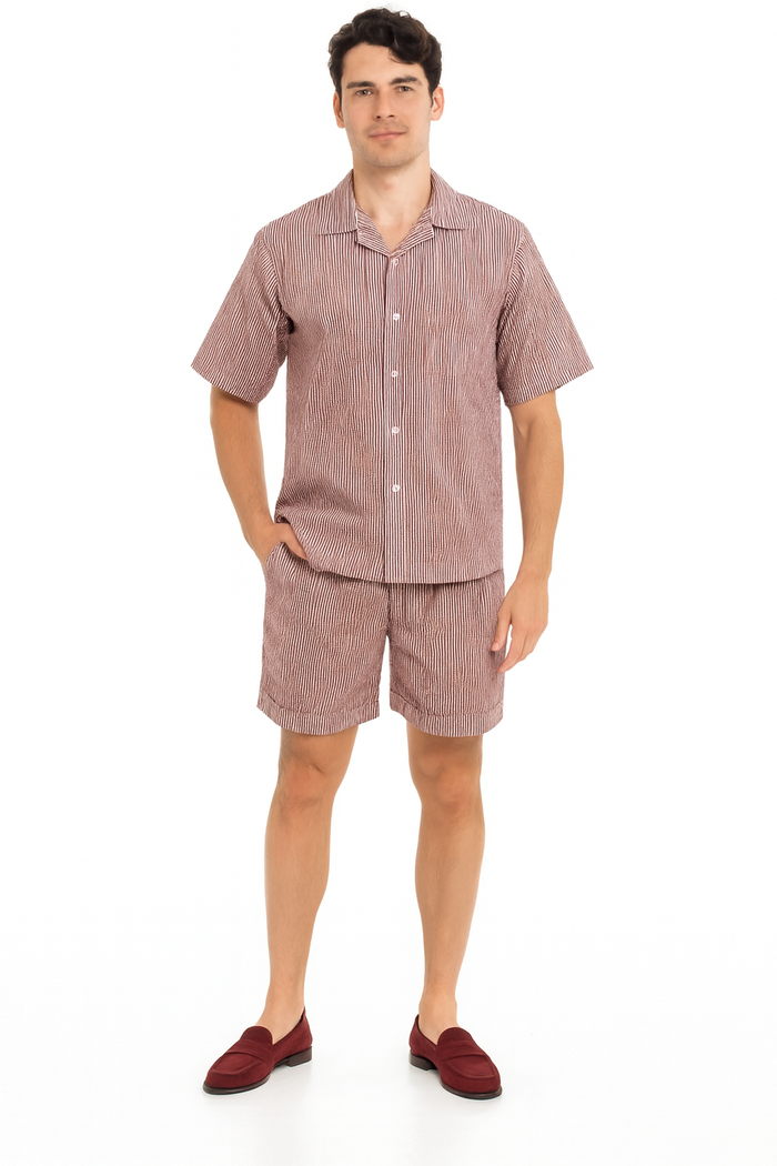 Men’s Burgundy Reddish Seersucker Short Set Walking Suit - Two-Piece Cuffed Shorts with Expandable Waist by USA Men's Outlet