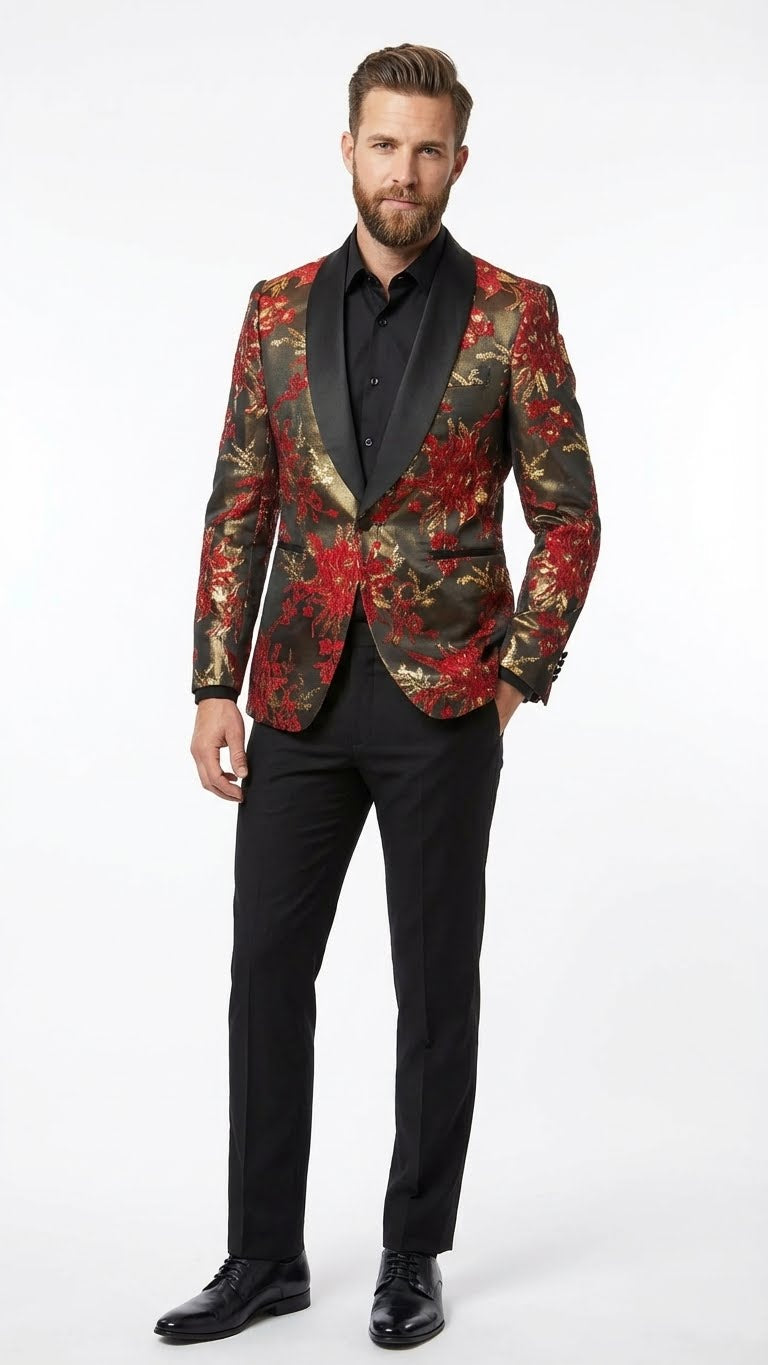 Men’s Red and Gold Floral Pattern Paisley  Shawl Lapel | Luxury Evening and Party Wear Jacket Prom Christmas New Year Blazer – SuitUSA