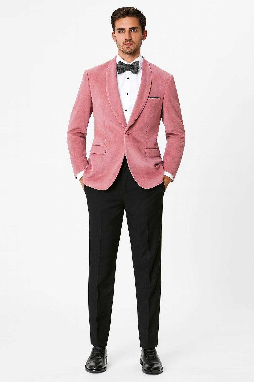 Mens Pink Velvet Tuxedo Dinner Jacket with Shawl Lapel – Slim Fit Blazer for Weddings, Prom in Rose Gold Color – SuitUSA