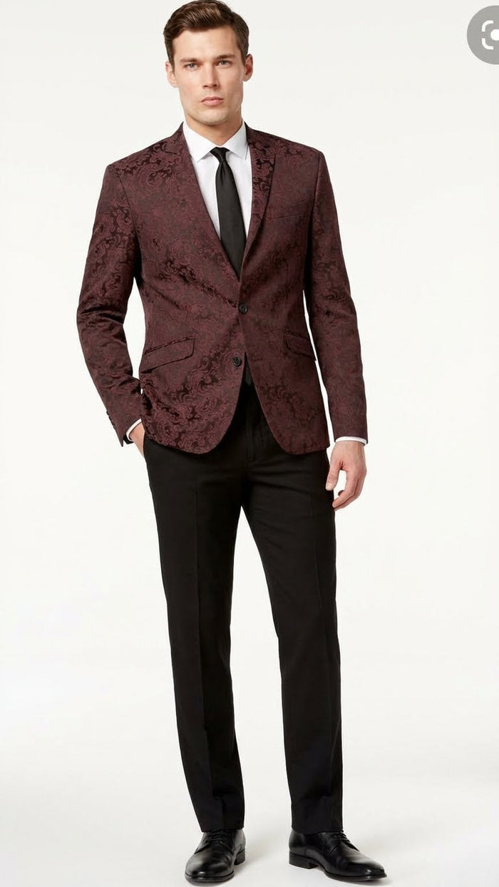 Men’s Burgundy Paisley Blazer Sport Coat - Velvet Dinner Jacket floral in Maroon Wine Color Ultra Slim Fit Smoking Jacket by USA Men's Outlet