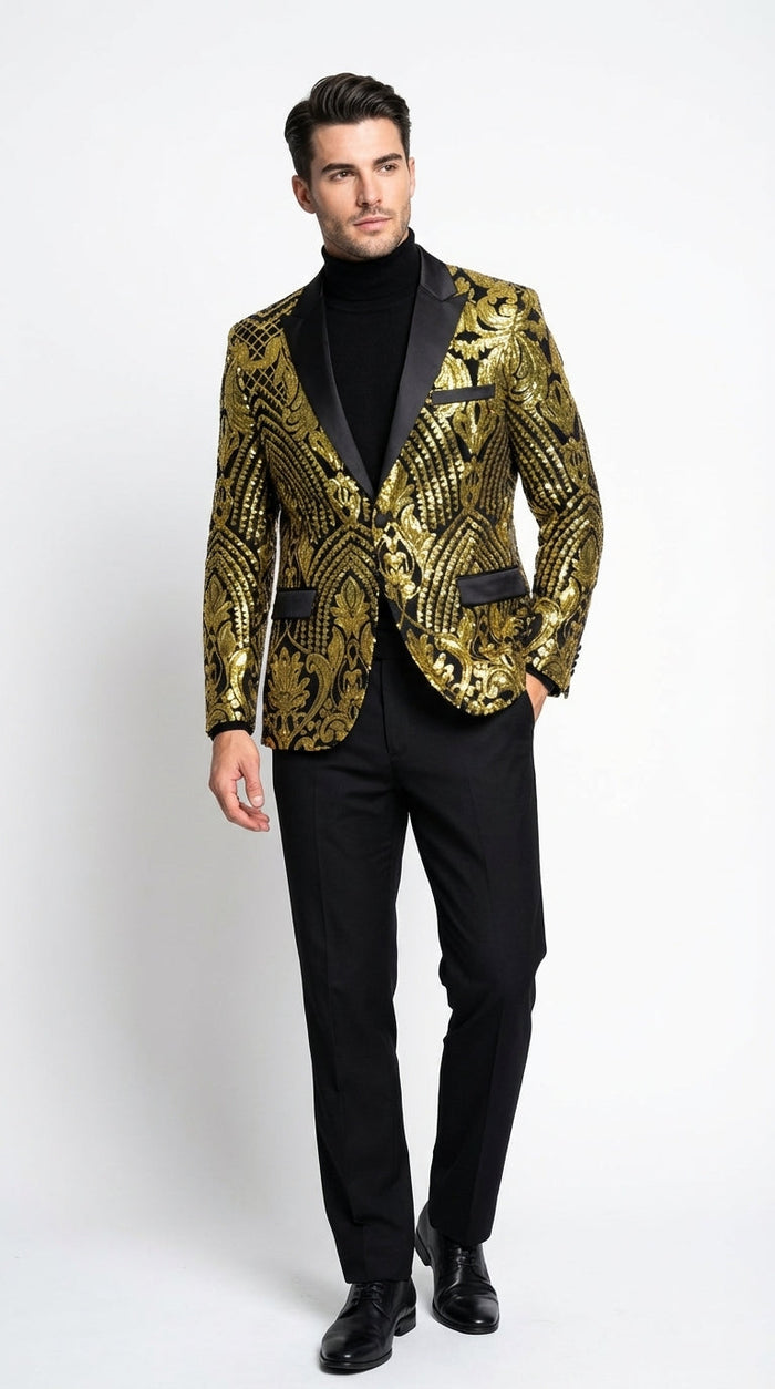 Mens Black and Gold Pattern Blazer – Gold Floral Luxury Formal Blazer Jacket for Prom, Wedding and Party Slim Fitted