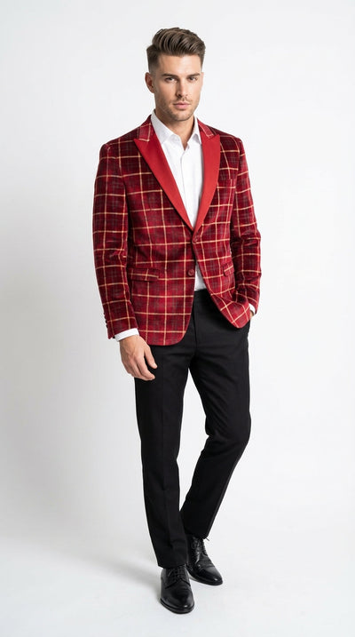 Mens Red Burgundy Plaid Blazer with Contrast Lapel – Velvet Fabric Check Prom Blazer Jacket for Party, Christmas New Year Holiday Jacket