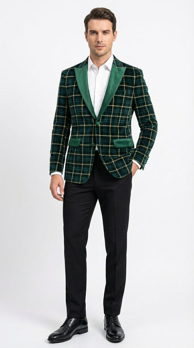 Mens Tartan Green and Gold Check Blazer – Windowpane Plaid Sport Coat Velvet Lapel Plaid Christmas Holiday New Year Jacket