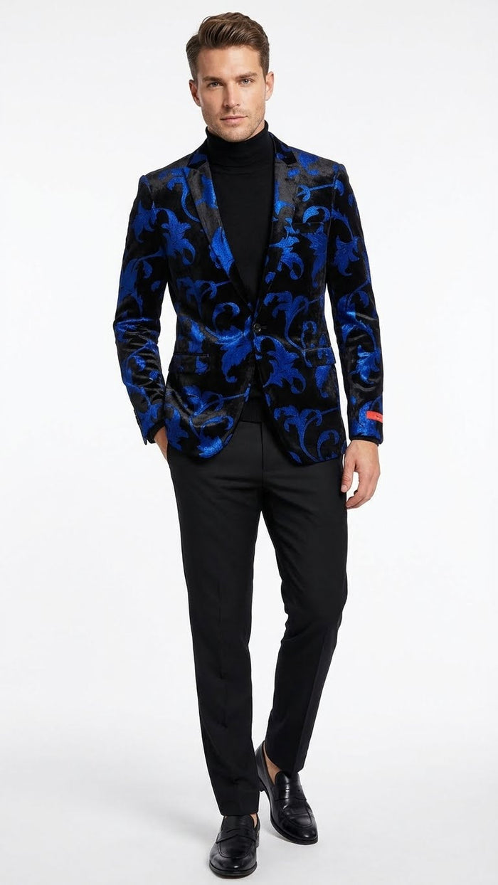 Men’s Black and Royal Blue Patterned Blazer - Paisley Floral Sport Coat Prom Jacket by USA Men's Outlet