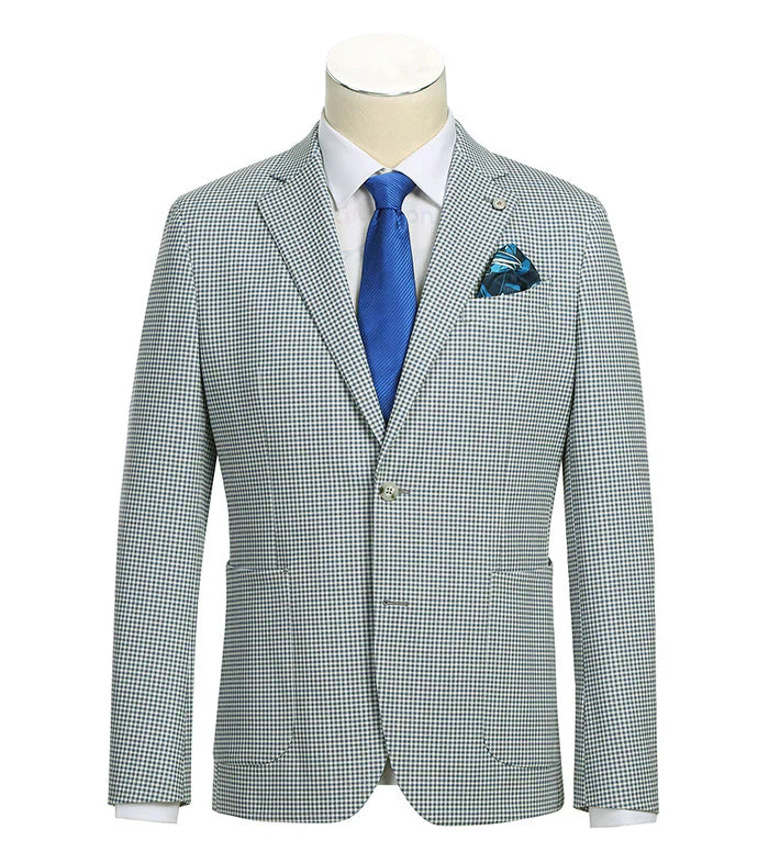 Half Canvas Slim Fit Blazer in Sage Blue Check by Pellagio