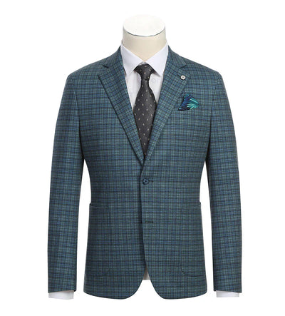 Half Canvas Slim Fit Blazer in Green Blue Check by Pellagio