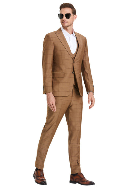 Men's Sharkskin Vested Suit in Camel Windowpane