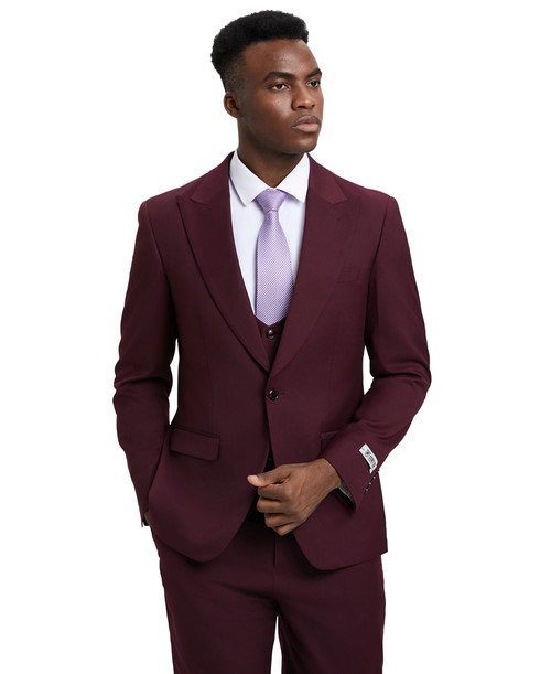 Stacy Adams Men’s Premium Burgundy-Maroon Modern Fit Three Piece One Button Peak Lapel Suit