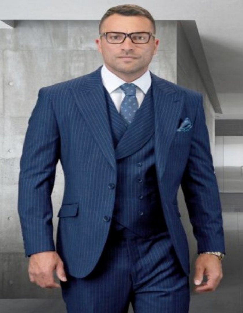 Mens Gangster Pinstripe 2 Button Double Breasted Vest Suit in Black Statement