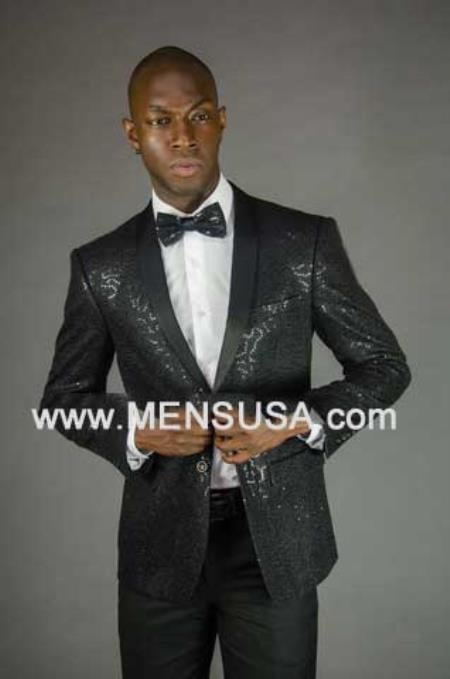 Sequin Blazer 2 Button Sequin Shawl Lapel Slim Fit Jacket Black by mensusain