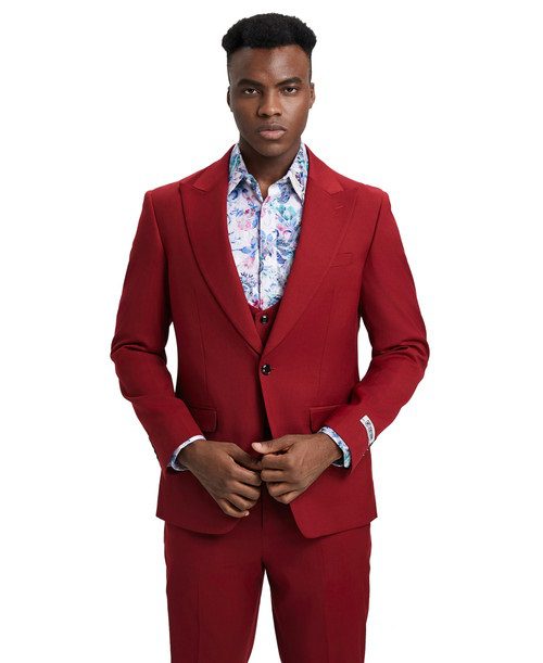 Stacy Adams Men’s Premium Cherry Red Modern Fit Three Piece One Button Peak Lapel Suit