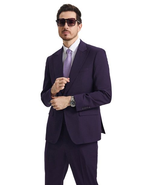 Stacy Adams Men’s Premium Eggplant-Dark Purple Modern Fit Three Piece One Button Peak Lapel Suit