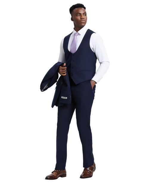 Stacy Adams Men’s Premium Navy Blue Modern Fit Three Piece One Button Peak Lapel Suit