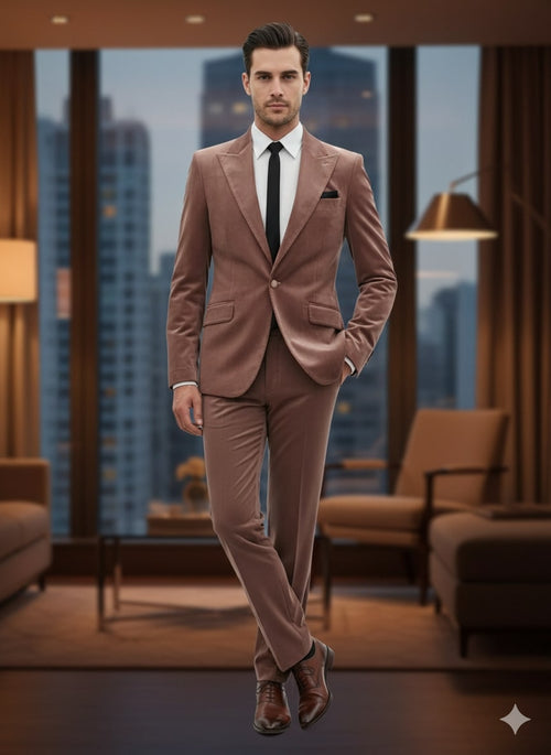 Mens Mauve Velvet Suit – 2 Piece Ultra Slim Fit Blazer and Pants Formal Set in Light Brown Tuxedo